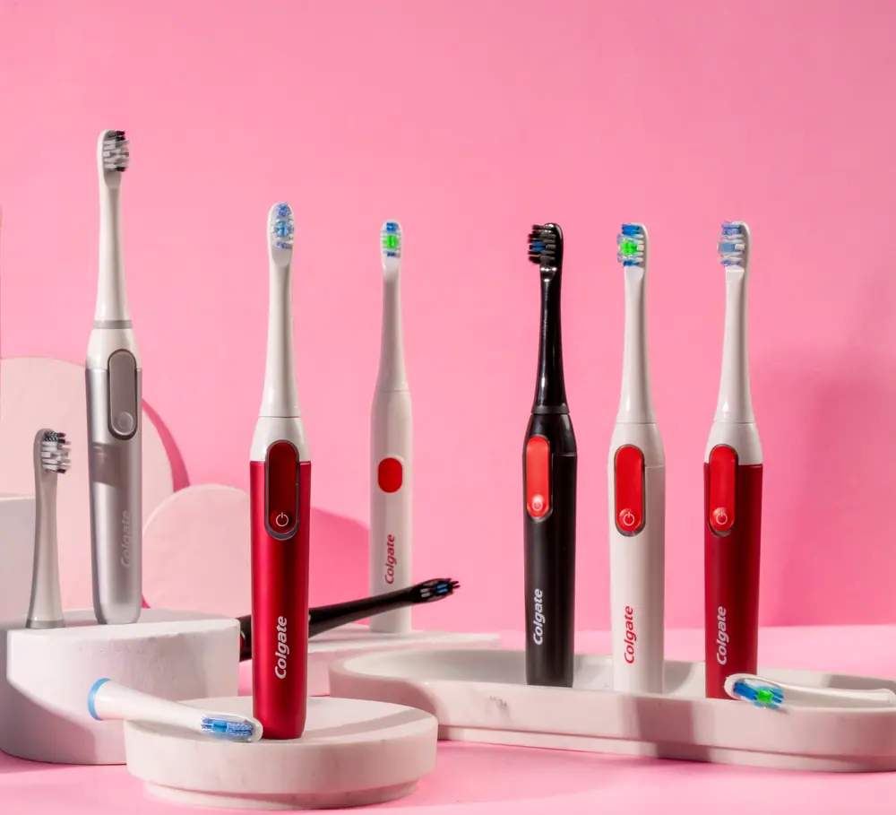 Colgate powered range on white plinths