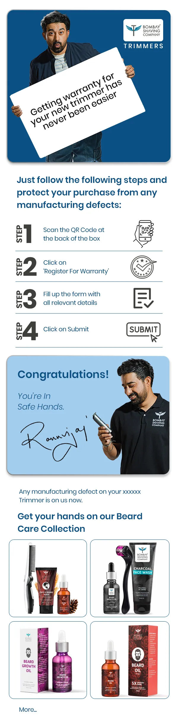 Warranty activation email with beard-care cross-sell